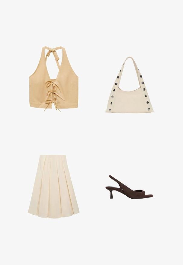 Béžový halter crop top s otvoreným chrbtom, so šnurovacím zapínaním a dizajnom šnurovania vpredu, vyrobený z mäkkej tkaniny s hladkou textúrou.; Plisovaná sukňa z krémovej tkaniny; má mäkkú textúru, stredne dlhý strih a symetrické plisovanie, ktoré sa tiahne od pásu po lem.; Hnedé semišové sandále na podpätku so špicatým otvorom, s nízkym zakriveným podpätkom a jemnou textúrou po celom povrchu.; PULL&BEAR SHOULDER - Veľká kabelka - beige