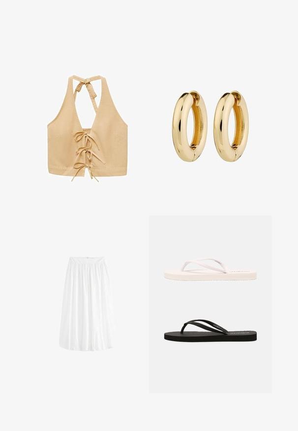 Karamel farvet halterneck crop top med åben ryg, som har en båndlukning og snøring foran, lavet af blødt stof med en glat tekstur.; Hvid, knælang nederdel lavet af letvægtsstof. Har en elastisk talje for justerbar pasform og blødt fald.; Hvide og sorte gummiflip-flops med strukturerede fodsenge, tynde stropper og kontrasterende farver. Hver størrelse har et simpelt design og minimal branding.; Gyldne hoops øreringe med en glat, poleret overflade og rund form. Den indre kant har en subtil splitdetalje til lukning.