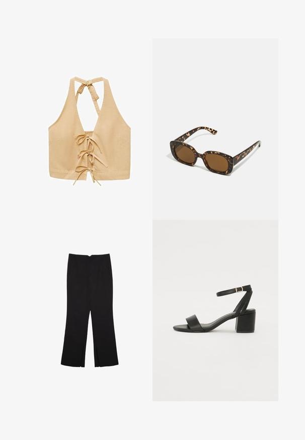 Tan halter crop top met open rug, met een striksluiting en vetersluiting aan de voorkant, gemaakt van zachte stof met een gladde textuur.; Zwarte broek met een rechte pasvorm, voorzien van zijzakken en plooien aan de onderzijde. Gemaakt van zachte, gladde stof. Geschikt voor verschillende gelegenheden.; Zwarte hoge sandaal met een soepel leren bovenkant, een open teen, brede voorkruisbanden en een verstelbare enkelband met een gouden gespdetail.; Tortoiseshell zonnebril met een ronde, stevige montuur en bruine lenzen. Heeft subtiele patronen en rechte, taps toelopende veren.