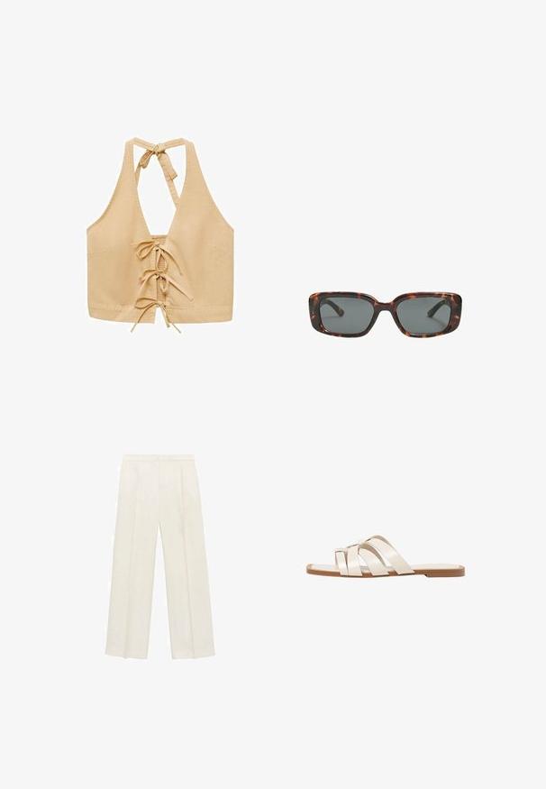 Tan halter crop top z odprtim hrbtom, ki ima zaponko na vrvico in vezanje spredaj, izdelan iz mehkega blaga z gladko teksturo.; Hlače širokih nogavic v svetli kremni barvi. Narejene iz gladkega materiala s plitkimi naborki spredaj in stranskimi žepi.; Ravne sandale s svetlo rjavim gumijastim podplatom, zasnovane s tremi prekrivajočimi se belimi usnjenimi trakovi in majhnim lokom na sredini.; Sonce, ki je oblikovana v tortoščkovem vzorcu, ima pravokotne leče, debele okvirje in temne leče. Ima gladko teksturo in minimalističen dizajn.