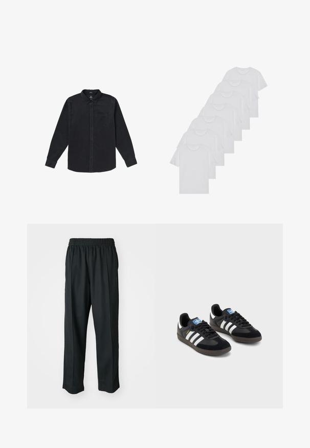 Black long-sleeve shirt made of soft fabric, featuring a button-down collar, front pocket, and button closures along the front.; White cotton T-shirts, short sleeves, crew neck design, plain texture, stacked in a row, with subtle branding at the neckline.; Black athletic pants with an elastic waistband, made of smooth fabric, featuring subtle side stitching and a relaxed fit, straight leg design.; Black sneakers with a suede and synthetic upper, featuring three white stripes, textured rubber sole, and blue logo tag on the tongue.