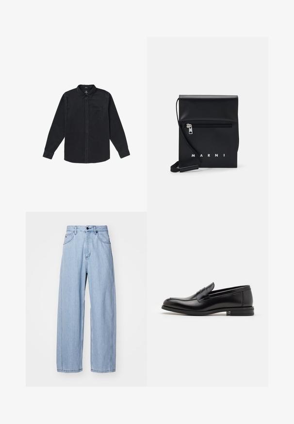 Camicia nera a maniche lunghe realizzata in tessuto morbido, dotata di colletto a camicia, taschino frontale e chiusure a bottone lungo la parte anteriore.; Canotta bianca senza maniche realizzata in tessuto a coste, con un piccolo logo grigio sul petto. Design semplice con scollatura a girocollo.; Jeans in denim azzurro chiaro con un design a gamba ampia, caratterizzati da tasche anteriori, chiusura con bottone e cuciture dettagliate lungo le cuciture.; Mocassini neri in pelle con una texture liscia, punta arrotondata e una striscia decorativa sulla tomaia. Tacco basso impilato, design minimalista.; Borsa a tracolla in pelle nera con tasca frontale con zip, logo in rilievo e tracolla regolabile. Texture liscia con una forma strutturata.