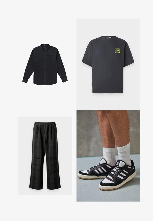 Mustapaita pitkähihaisilla, pehmeästä kankaasta valmistettu, jossa on napillinen kaulus, etutasku ja nappisuljenta edessä.; T-paita hiiligraniteväriä, jossa on lyhyet hihat ja pieni neonvihreä kuva kaiuttimista, auringosta ja Adidas-logosta vasemmalla rinnassa.; Mustat ruudulliset housut, joissa on joustava vyötärö, kaksi etutaskua ja rento istuvuus suoralla lahkeella. Valmistettu kevyestä materiaalista.; Valkoiset ja mustat tennarit, joissa on mokkanahka- ja nahkapäällinen, kolme valkoista raitaa, rei'itetty kärki ja kumipohja.