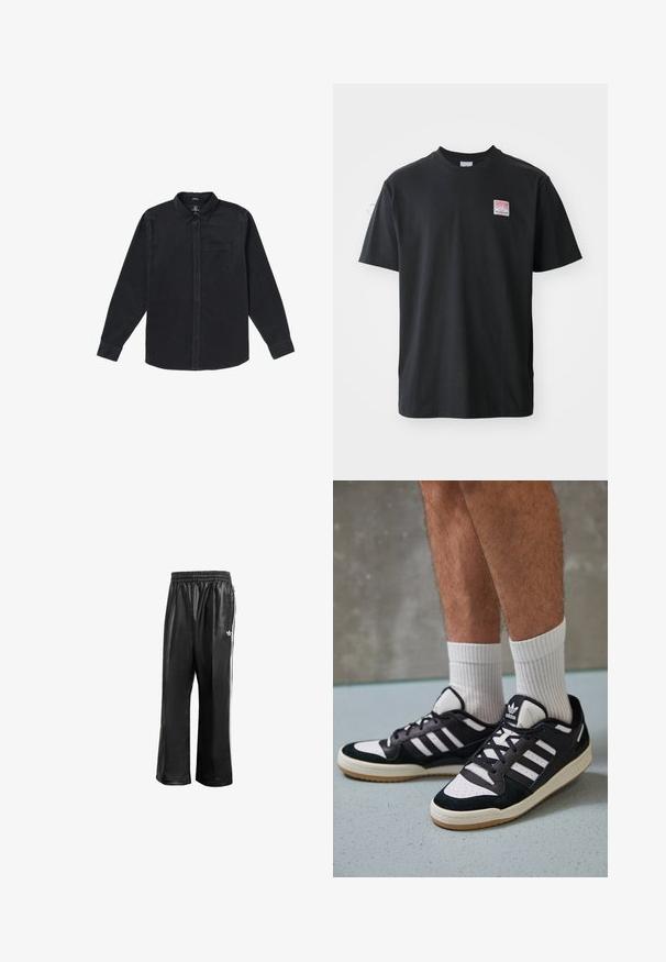 Melnas garām piedurknēm krekls, izgatavots no mīksta auduma, ar pogām aizdari ap kaklu, priekšējo kabatu un pogu aizdari gar priekšpusi.; Melna kokvilnas T-krekls ar apaļu kaklu, īsām piedurknēm un nelielu krāsainu etiķeti kreisajā krūtīs, kurā ir vārds "SUPERIOR".; Melnas sintētiskas sporta bikses ar elastīgu jostasvietu, ar baltām sānu svītrām un mazu baltu logo kreisajā gurnā.; Melnas un baltas kedas ar zamša un ādas augšdaļu, kas aprīkotas ar trim baltām svītrām, perforētu purngali un gumijas zolēm.