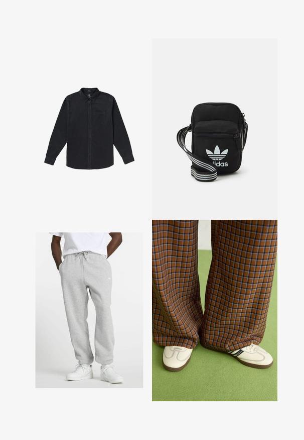 Svart langermet skjorte laget av myk stoff, med krage med knapper, frontlomme og knappelukkinger foran.; Mann iført lysegrå joggebukser med snor og hvite sneakers, stående med hendene i lomma på en hvit bakgrunn.; Brune og blå rutete vide bukser sammen med hvite sko med svarte detaljer og teksturerte såler, satt mot en grønn bakgrunn.; Svart stoff crossbody veske med glidelås, med en hvit Adidas-logo og enstripet justerbar stropp for enkel bæring.