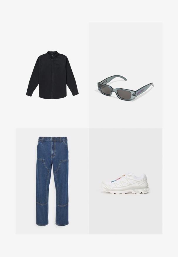 Black long-sleeve shirt made of soft fabric, featuring a button-down collar, front pocket, and button closures along the front.; Blue denim jeans with a straight leg, front patch pockets, and contrasting stitches. The fabric has a classic texture and finish.; White athletic shoe with textured mesh upper, reflective accents, and a cushioned sole. Notable brand logo on the side.; Santa Cruz INFERNO UNISEX - Sunglasses - crystal black