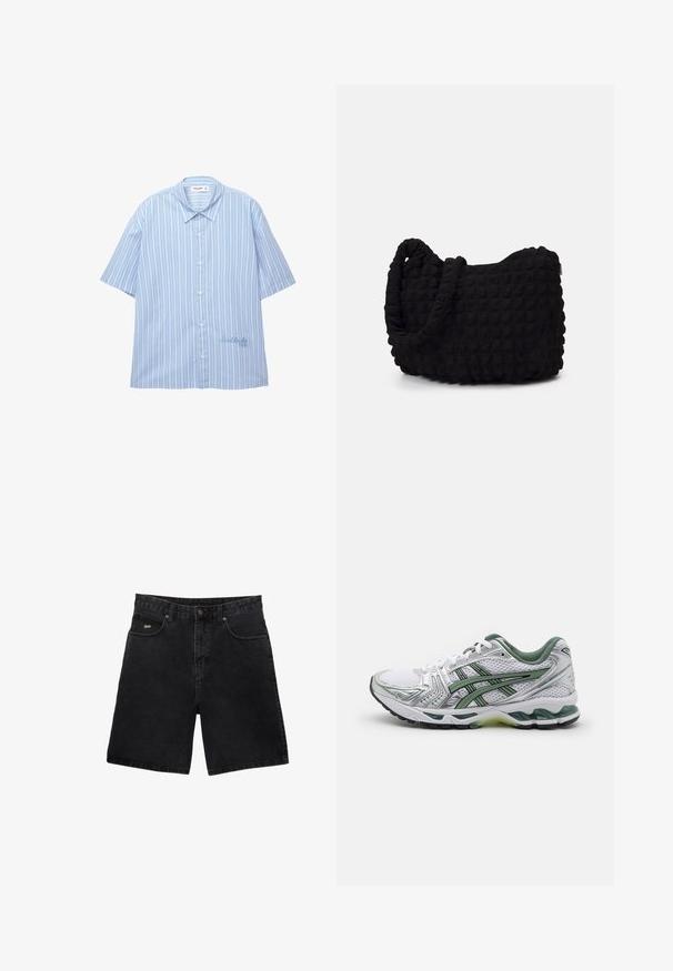 Koszula z krótkim rękawem, zapinana na guziki, w jasnoniebieskim kolorze w białe pionowe paski. Posiada klasyczny kołnierzyk oraz subtelne haftowane detale na krawędzi.; Czarne szorty dżinsowe o prostym kroju, pięć kieszeni, z metalowym zapięciem na guzik i subtelnym logo marki na przedniej kieszeni.; Białe buty do biegania z srebrnymi akcentami, zielonym siateczkowym kołnierzem i zielonymi paskami. Posiadają teksturowaną siateczkę na cholewce oraz amortyzowaną podeszwę.; Czarna torba z materiału o fakturowanym, pikowanym wzorze. Owalny kształt, krótkie, grube rączki oraz miękka, elastyczna struktura.