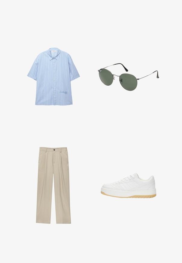 Camicetta a maniche corte con bottoni di colore azzurro chiaro con righe verticali bianche. Presenta un colletto classico e un sottile ricamo dettagliato all'orlo.; Pantaloni beige a taglio dritto, con un solo bottone nero, passanti per la cintura e tasche laterali. Tessuto dalla texture liscia e design minimale.; Sneaker bianco in pelle con finitura testurizzata, dotata di suola in gomma, design con lacci e sottili accenti a strisce sui lati.; Occhiali da sole con montatura in metallo e lenti verdi ovali. Montatura sottile in metallo argento e terminali neri. Design minimalista, senza loghi visibili.