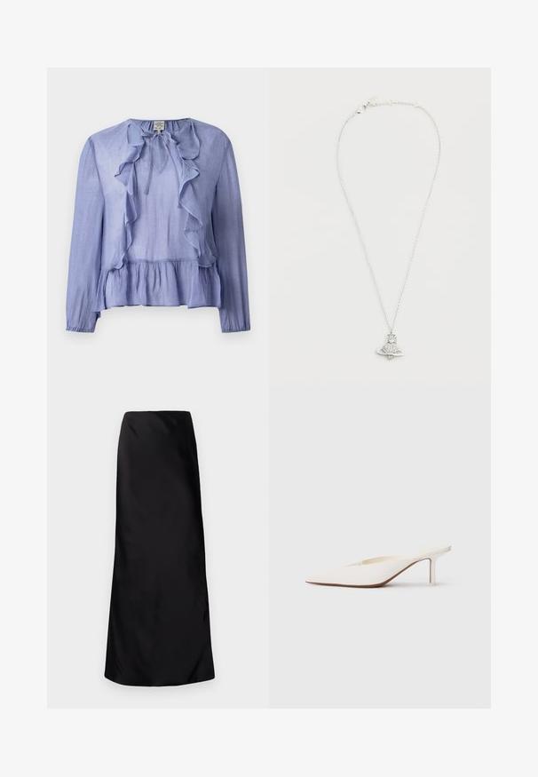 Svetlomodrá blúzka s dlhým rukávom, so zadrhnutým výstrihom a peplum spodným okrajom, vyrobená z texturovanej tkaniny, s viazaním na golieri.; Norma Kamali BIAS OBIE SKIRT - Maxisukňa - black; Biele muly s ostrou špičkou a nízkym stiletto podpätkom. Vyrobené z hladkého materiálu s minimalistickým dizajnom a jemným detailom na tanovej podrážke.; Strieborný náhrdelník s príveskom v tvare rakety, ktorý má okrúhly kameň podobný diamantu v strede a kruhovú základňu. Detailné a lesklé spracovanie.
