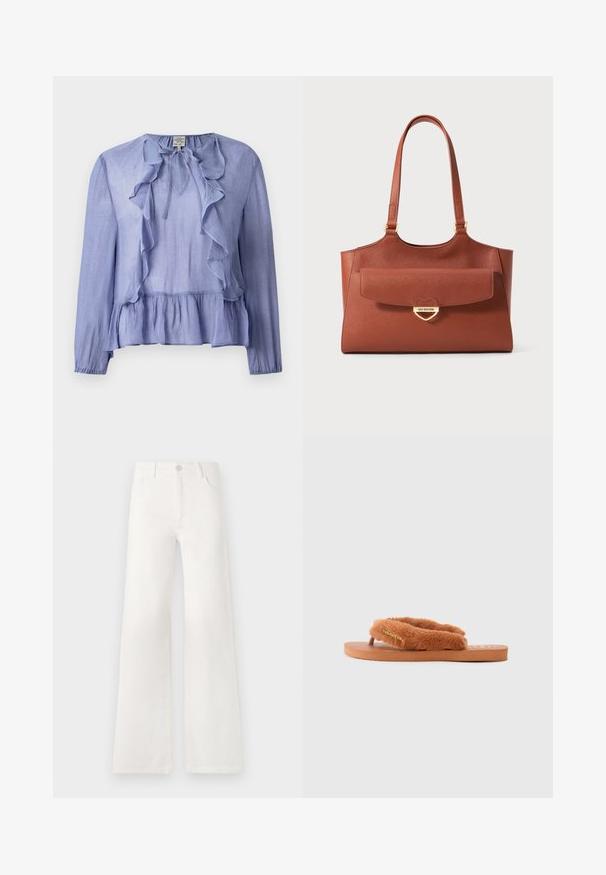 Svijetloplava bluzica dugih rukava s naboranim izrezom i peplum donjim dijelom, izrađena od teksturiranog materijala, s detaljem kravate na ovratniku.; Bijele, visokotalasne široke traperice. Imaju kopčanje na dugme, dva prednja džepa i bočne šavove s detaljima šivanja.; Smeđi pahuljasti japanke s širokim trakama i teksturiranim uloškom. Sadrži zlatni logo akcent. Potplat je ravan i napravljen od gume.; Smeđa kožna torba s dugim ručkama, prednji džep s preklopom i zlatnom zakovicom u obliku srca s ugraviranim natpisom "Love Moschino."