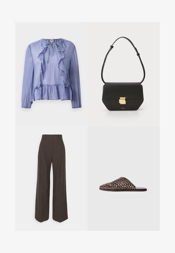Light blue long-sleeved blouse with a ruffled neckline and peplum hem, made from a textured fabric, featuring a tie detail at the collar.; Dark brown wide-leg trousers with a high waist, featuring neatly pressed creases, smooth texture, and a tailored fit.; Brown woven slide sandal with a rounded toe, open design, flat sole, and textured surface. Lightweight material and minimalist silhouette.; CLOSED CLOSED ONE - Cross body bag - black