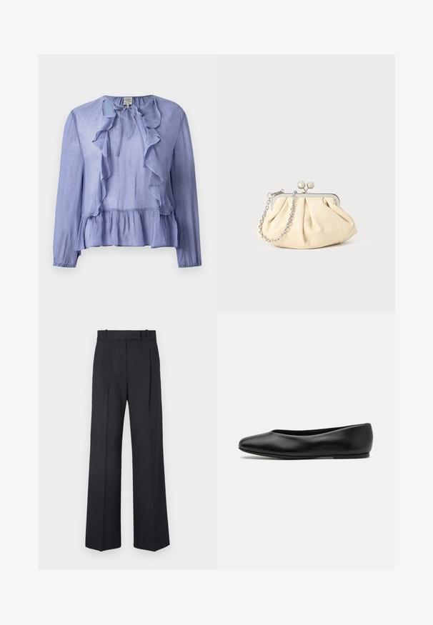 Helles blaues Langarmblusenoberteil mit gerafftem Ausschnitt und Peplum-Saum, aus einem strukturierten Stoff gefertigt, mit einer Bindeschleife am Kragen.; Dunkelblaue Nadelstreifenhosen mit hoher Taille, weit geschnittenem Bein und ohne sichtbare Beschläge oder Verzierungen. Glatte Textur und taillierte Passform.; Paul Smith TOPANGA - Klassischer Ballerina - black; Faltige beigefarbene Ledertasche mit einem silbernen Metallrahmen, ausgestattet mit zwei runden dekorativen Verschlüssen und einem silbernen Kettenriemen.
