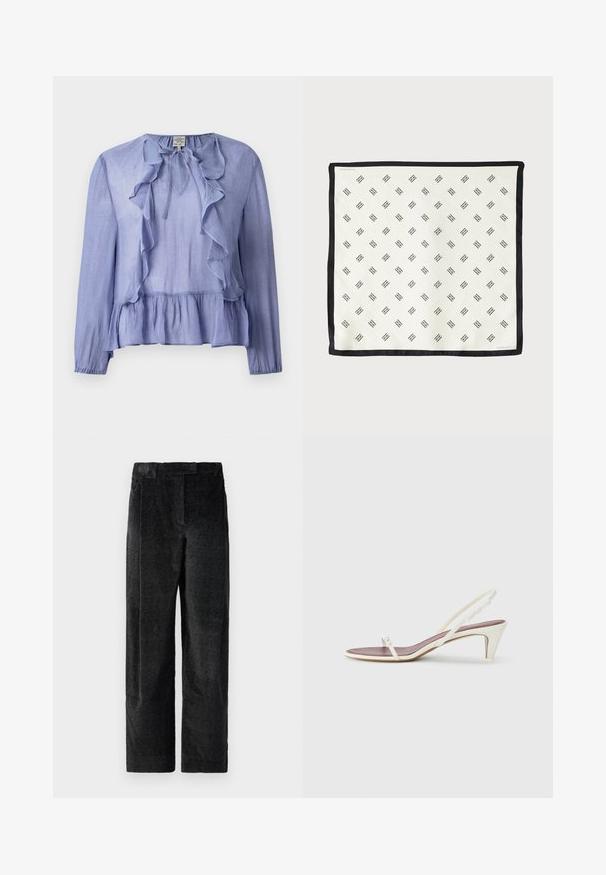 Világoskék, hosszú ujjú blúz fodros dekoltárral és peplum alsó résszel, texturált anyagból készült, nyakán masnival díszítve.; Fekete, textúrált, bő szárú nadrág, hangsúlyos szövettel, elülső redőkkel és lapos derékpánttal. Klasszikus dizájn, amely sokoldalúságot biztosít.; Fehér, pántos szandál enyhe sarokkal, vékony pántokkal és sima bőr textúrával; kis díszítő csattal rendelkezik.; Fehér selyem sál, amely ismétlődő fekete geometrikus mintával rendelkezik, és szilárd fekete szegéllyel van szegve. Könnyű, sima textúrával.