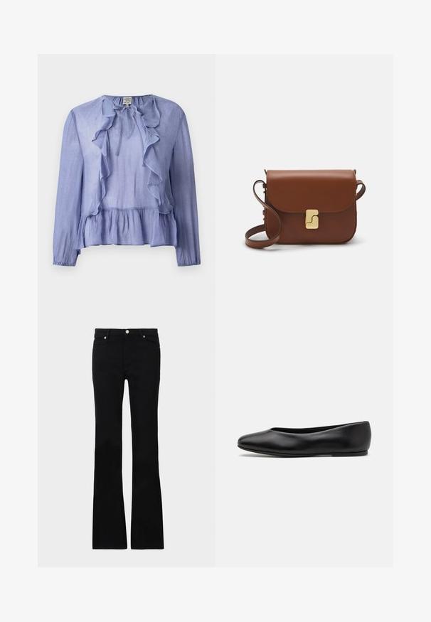 Light blue long-sleeved blouse with a ruffled neckline and peplum hem, made from a textured fabric, featuring a tie detail at the collar.; Black flared jeans made of denim, featuring two front pockets, a button closure, and a smooth texture. Signature stitching visible at seams.; Paul Smith TOPANGA - Ballet pumps - black; Brown leather handbag with a flap closure, gold-tone hardware, a shoulder strap, and a smooth texture. Compact rectangular shape.