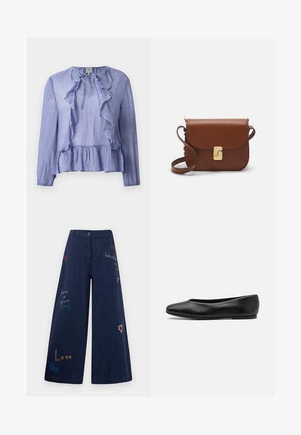 Blusa azzurro chiaro a maniche lunghe con colletto arricciato e orlo peplum, realizzata in un tessuto testurizzato, con un dettaglio a fiocco al colletto.; Pantaloni a gamba larga blu navy in cotone con molteplici tasche. Presentano testi e grafica ricamati colorati, inclusi cuori e frasi giocose.; Paul Smith TOPANGA - Ballerine - black; Borsa a tracolla in pelle marrone con chiusura a pattina, hardware color oro, tracolla e una finitura liscia. Forma rettangolare compatta.