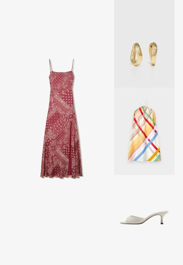 Monivärinen, kuviollinen hihaton mekko, jossa on kerätty yläosa ja valkoinen säädettävä nauha. Mekossa on raitoja punaisena, vihreänä, sinisenä ja keltaisena.; Pitkä burgundinpunainen mekko ohuilla olkaimilla, jossa on kermanvärinen paisley-kuvio, suora leikkaus ja etuhalkio liikkumisen helpottamiseksi.; Valkoiset avonaiset korkeakorkoiset mulesit, joissa on sileä pinta, minimalistinen muotoilu ja hoikka korko, ja joissa on hienovarainen ruskea korostus pohjassa.; Kudottu olkilaukku vaaleanbeigellä värillä, pyöreällä muotoilulla, avoimella suulla ja irrotettavalla hihnalla. Huomattava rakenne ja monimutkainen kudontakuosi.; Korvakorut, joissa on kulta sävyinen rengas ja kierrätetty muotoilu, jossa on uurteinen pinta ja sileä viimeistely. Kevyt ja ontto rakenne.