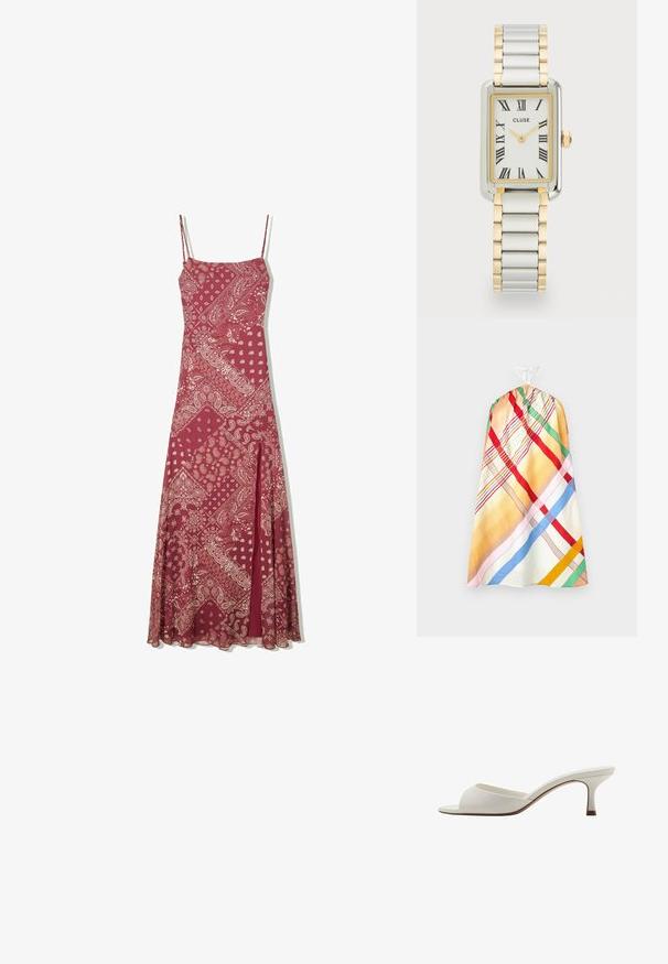 Vícebarevné vzorované šaty bez rukávů s nařaseným vrškem a bílým nastavitelným páskem. Obsahují pruhy v červené, zelené, modré a žluté barvě.; Dlouhá burgundská šaty se špagetovými ramínky, s krémovým paisley vzorem, rovný střih a přední rozparek pro snadnější pohyb.; Bílé otevřené lodičky na vysokém podpatku s hladkým povrchem, minimalistickým designem a štíhlým podpatkem, se slabým hnědým akcentem na podrážce.; Tkaná slámová kabelka v světle béžové barvě s kulatým tělem, otevřenou horní částí a odnímatelným popruhem. Zajímavá textura a složitý vzor tkaní.; Cluse BELISSENA WATCH - Hodinky - silver-coloured/gold-coloured; Zlaté kruhové náušnice s šroubovitým designem, které mají rýhovaný povrch a hladký finiš. Lehká a dutá konstrukce.