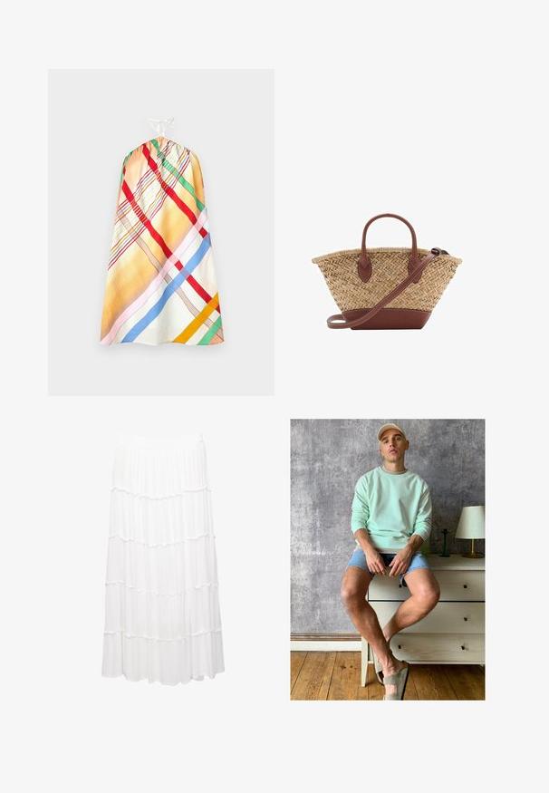 Multikleurige, gemêleerde mouwloze jurk met een geplooide bovenkant en een witte verstelbare strik. Kenmerkt zich door strepen in rood, groen, blauw en geel.; Witte gestapelde rok van lichtgewicht stof, met een rekbare tailleband, ruches en een vloeiende ontwerp dat tot halverwege de kuit reikt.; Muntgroene sweatshirt, denim shorts en olijfgroene instappers. Zittend op een lichtgekleurde ladekast tegen een gestructureerde grijze muur.; Geweven rieten tas met bruin lederen accenten, twee handvatten en een afneembare schouderband. Gebogen vorm met een stevige basis.