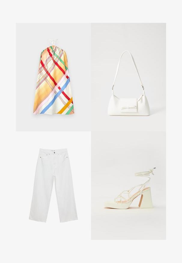 Mnogobojna, uzorkovana haljina bez rukava s nabranym gornjim dijelom i bijelom podesivom trakicom. Ima pruge u crvenoj, zelenoj, plavoj i žutoj boji.; Bijele široke traperice s visokim strukom, s pet džepova i metalnim detaljima. Glatka tekstura, bez vidljivih uzoraka.; Bijela sandala na visokoj potpetici s debelim petom, s remenom i vezanjem oko gležnja. Glatka tekstura s platformom sprijeda za dodatnu visinu.; Bijela sintetička torbica s trokutastim oblikom, ravnim prednjim poklopcem i detaljem u obliku mašne, podesivom remenom, glatkom teksturom i minimalističkim dizajnom.