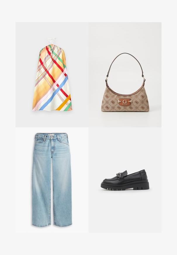 Robe sans manches multicolore et à motifs avec un haut froncé et un lien ajustable blanc. Présente des rayures rouges, vertes, bleues et jaunes.; Jean large bleu clair en denim, avec une taille haute, une fermeture à boutons et un ourlet effilé. Coutures visibles et poches.; Chaussure de type mocassin noire avec une semelle plate-forme épaisse, tige en cuir lisse, accent de chaîne décoratif et léger talon avec un détail en encoches.; Sac fourre-tout en tissu beige avec des accents en motif marron. Présente une forme courbée, une seule sangle et une plaque logo à l'avant avec des accessoires en argent.