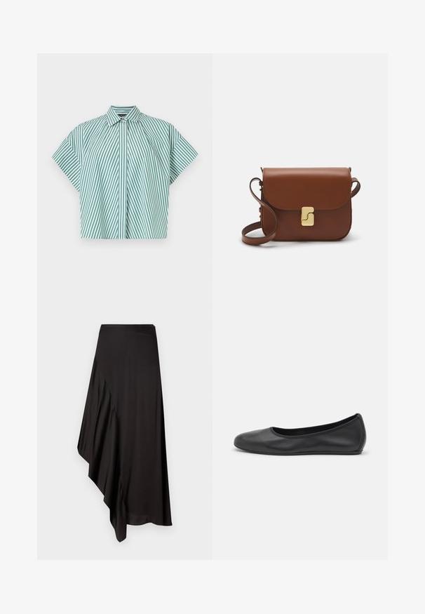 Korte mouwen shirt met verticale groene en witte strepen, een button-down kraag en een ontwerp met een voorpatiënt.; AERON ASTER SKIRT - Kokerrok - black; Zwarte leren ballerina met een ronde neus, gladde textuur, minimale stikdetails en een flexibele zoolontwerp.; Bruine leren handtas met een klep sluiting, gouden hardware, een schouderband en een gladde textuur. Compact rechthoekige vorm.
