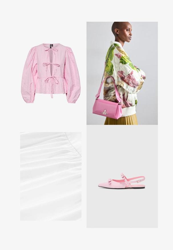 Gaiši rozā, ribota blūze ar atslēgas caurumu dekoltē, sasienamu detaļu priekšā un puffām garajām piedurknēm. Pepluma apakšdaļa piešķir apjomu viduklim.; Balta auduma ar maigu aizkare un krokotām tekstūrām, izgatavota no gluda, viegla materiāla, kas izskatās tīri un asu.; Rozā, plakanas slingback kurpes ar norādītu degunu un diviem dekoratīviem lokiem. Gluds sintētisks materiāls, minimālisma dizains un plāns potītes siksniņa.; Pūtīšu ziedu bumbvedēja jaka zaļā, rozā un bežā krāsā; saskaņota ar spīdīgu rozā rokassomu ar ķēdes siksnu un logotipa apdari.