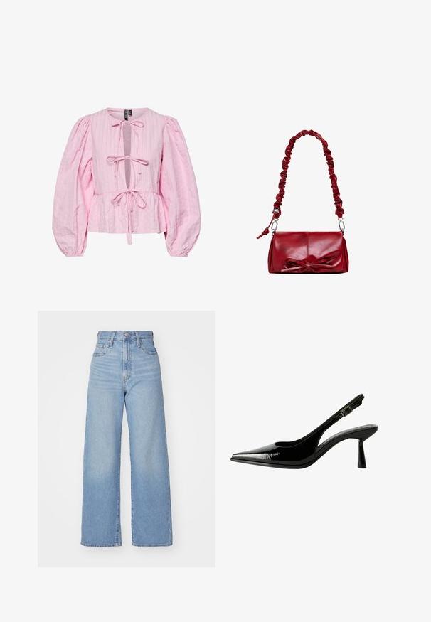 Blusa di un rosa chiaro, con lavorazione a coste, collo con apertura a forma di chiave, dettaglio annodato sul davanti e maniche lunghe a sbuffo. L'orlo a peplum aggiunge volume alla vita.; Jeans a vita alta blu chiaro con gamba larga, chiusura frontale con bottone e zip, tasche anteriori e posteriori, su uno sfondo bianco.; Pumps slingback in vernice nera con punta affilata, lati sagomati, cinturino alla caviglia regolabile e tacco sottile e slanciato.; Borsa a tracolla in pelle rossa con una tracolla arricciata e un fiocco decorativo sul davanti. Texture liscia, forma rettangolare, dettagli in metallo argentato.; Orecchini in metallo dorato che presentano una forma curva a mezzaluna e una forma rettangolare, entrambi con superfici lisce e lucide.