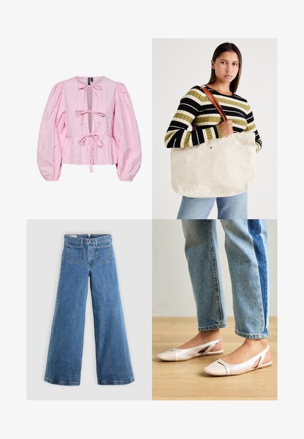 Svijetloružičasta, rebrasta bluzica s izrezom u obliku ključa, detaljem vezanja sprijeda i dugim puf rukavima. Peplum rub dodaje volumen u struku.; Plave traperice s visokim strukom, širokih nogavica, prednjim zakrpama, petljama za remen, zatvaranjem na gumb i patentnim zatvaračem na jednoličnoj pozadini.; Svijetlo ružičaste slingback balerinke s šiljastim vrhom, izrađene od glatkog materijala nalik koži. Sadrže izrezane detalje sa strane i ravnu petu.; Velika bež platnena torba s tamnosmešnim kožnim trakama, koja se ističe minimalističkim dizajnom i vidljivim šavovima.