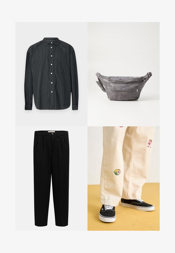 Camicia nera a maniche lunghe con bottoni, decorata con sottili righe verticali bianche, taschino sul petto, tessuto morbido e design del colletto classico.; Pantaloni neri a gamba dritta a vita alta con passanti per cintura, pieghe frontali, tasche laterali e chiusura con bottone in vita.; Pantaloni di cotone beige con divertenti ricami che includono un personaggio rosa e un blocco colorato, abbinati a sneaker nere con lacci.; Fanny pack in suede grigio con forma arrotondata, due scomparti con cerniera e tracolla regolabile. Presenta dettagli in metallo.