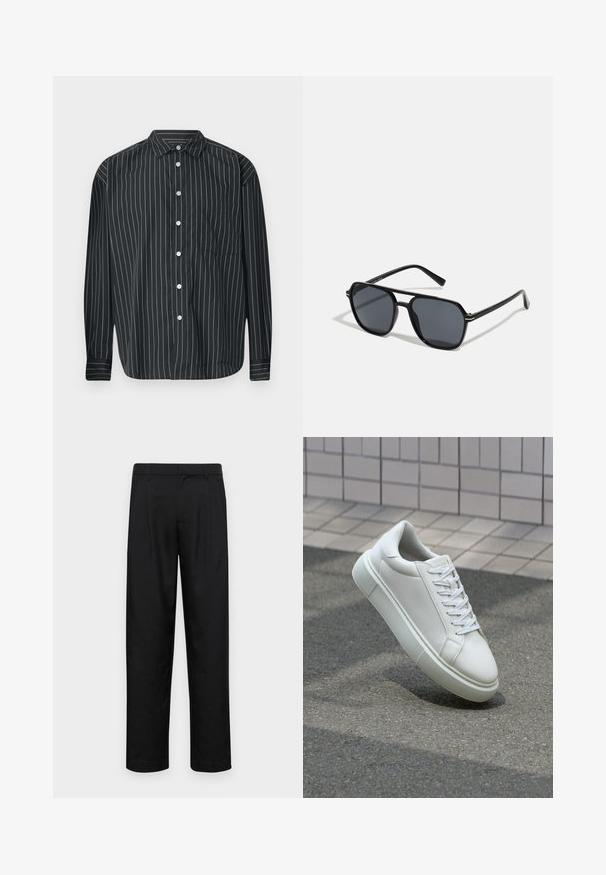 Black long-sleeve button-up shirt with thin white vertical stripes, single chest pocket, smooth fabric, and classic collar design.; Black trousers made of smooth fabric, featuring a straight-leg design, two front pleats, and standard waistband with belt loops.; White leather sneaker with a smooth surface, round toe, and flat white laces. Features a textured rubber sole and minimal design elements.; Black sunglases with octagonal frame, dark lenses, glossy finish, thin temples, and gold accents on the front.