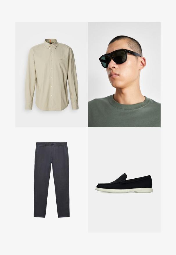 Cămășă bej cu mâneci lungi și guler structurat, având un buzunar aplicat și broderie discretă a logo-ului pe piept. Material neted, ușor.; Pantaloni gri închis din țesătură texturată, cu buzunare frontale înclinate, închidere cu button și design cu picior slim.; Pantof negri slip-on cu vârf rotunjit, având un superior texturat, o talpă albă netedă și un detaliu de branding subtil pe lateral.; Ochelari de soare rectangulari negri cu lentile închise, având o formă distinctivă și branding pe templu. Purtați de o persoană într-o cămașă verde.