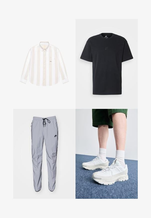 Chemise à manches longues en beige et blanc à rayures verticales, en tissu coton, avec col boutonné, une poche poitrine unique avec logo brodé.; T-shirt en coton noir Nike avec un col rond classique, des manches courtes et un logo embossé subtil sur la poitrine. Texture lisse.; Pantalons de survêtement gris clair en tissu lisse et léger avec des accents noirs. Comprend une taille élastique avec cordon de serrage et des poches latérales.; Des chaussures de sport blanches avec des superpositions texturées, une semelle épaisse et des accents gris. Portées avec des chaussettes blanches et des shorts verts sur une surface bleue.
