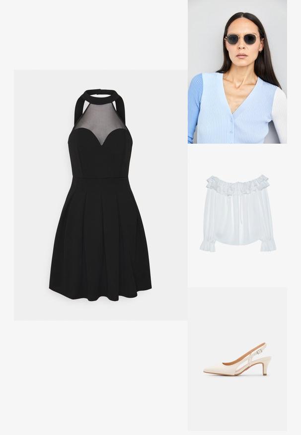 Hvit off-the-shoulder bluse laget av glatt stoff, med volangkrage, snor i front og elastiske mansjetter på ermene.; Svart kjole med halterneck og mesh-panel. Har et hjerteformet utringning, plisserte skjørt og tettsittende overdelen. Glatt stofftekstu.; Hvit slingback-hel med spiss tå, glatt overmateriale, lav blokkhelt, og cut-out-design på siden med justerbar spenne.; Runde solbriller med mørke linser og guldrammer. Modellen har en lyseblå, ribbet cardigan med knapper og kontrast hvide ærmer på.; Michael Kors håndleddsveske i beige belagt kanvas med et gjentakende MK-logo mønster, gullfarget maskinvare og en avtakbar kjede-rem.