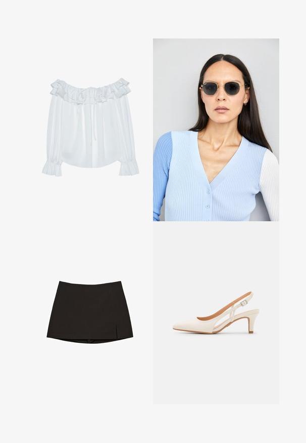 White off-the-shoulder blouse made of smooth fabric, featuring ruffled neckline, drawstring front, and elasticated cuffed sleeves.; Black mini skirt made from smooth fabric, featuring a straight design with side slits and a clean hem. Simple and versatile.; White slingback heel with a pointed toe, smooth upper material, low block heel, and side cut-out design with adjustable buckle strap.; Round sunglasses with dark lenses and gold frames. The model wears a light blue, ribbed cardigan with buttons and contrast white sleeves.; Michael Kors wristlet in beige coated canvas featuring a repeating MK logo pattern, gold hardware, and a detachable chain strap.
