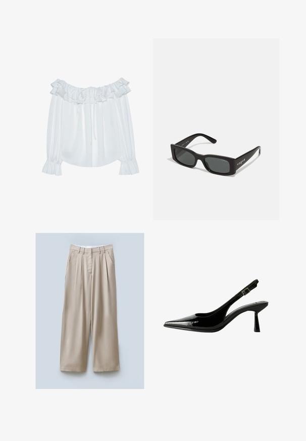 Blouse blanche à épaules dénudées en tissu lisse, ornée d'un col froncé, d'un devant à cordon et de manches élastiquées à poignets.; Pantalons larges beiges avec une finition texturée, dotés de deux poches latérales, de plis avant et d'une taille pour un maintien sécurisé.; Racine à talon en cuir verni noir avec un nez pointu, des côtés découpés, une bride de cheville ajustable et un talon fin et élégant.; Lunettes de soleil rectangulaires noires avec des verres sombres. Elles possèdent une monture en plastique lisse et une marque "vogue" sur les branches.; Porte-monnaie Michael Kors en toile enduite beige avec un motif répété de logo MK, des accessoires en or et une bandoulière en chaîne amovible.