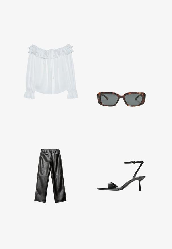 Blusa bianca scollata sulle spalle realizzata in tessuto morbido, con colletto arricciato, parte anteriore con cordoncino e maniche a polsino elasticizzate.; Pantaloni ampi in pelle nera con una superficie liscia, design a cinque tasche e dettagli cuciti lungo le gambe e la vita.; Bershka Sandali con tacco - black; Occhiali da sole tartaruga con lenti rettangolari, montatura spessa e lenti scure. Texture liscia e design minimalista.
