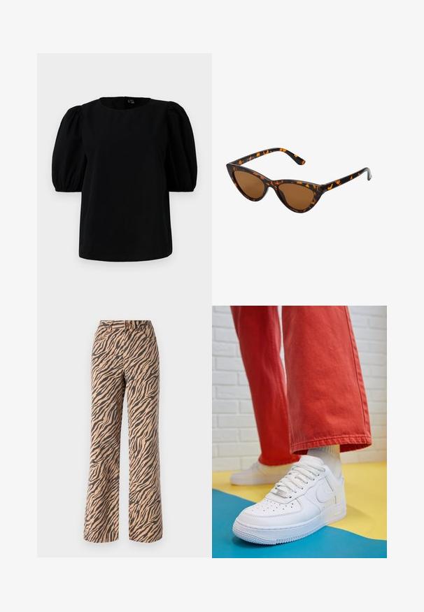 Czarna bluzka z okrągłym dekoltem i krótkimi bufkami. Tkanina jest gładka, bez widocznych wzorów czy akcentów.; Spodnie o szerokich nogawkach w wzór tygrysich pasków w odcieniach brązu i czerni, z klasycznym stanem i pięcioma kieszeniami.; Białe skórzane sneakersy z perforowanym czubkiem, teksturowaną podeszwą i białymi sznurowadłami, w połączeniu z szerokimi czerwonymi spodniami na niebiesko-żółtym tle.; Okulary przeciwsłoneczne w kształcie kocich oczu z czarno-pomarańczową oprawą w deseń żółwia, brązowymi soczewkami i eleganckimi, spiczastymi końcówkami. Posiadają minimalistyczne logo na zauszniku.