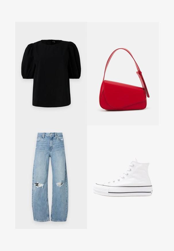 Top preto com decote redondo e mangas curtas bufantes. O tecido é liso, sem padrões ou detalhes visíveis.; Jeans de lavagem clara, de cintura alta, feitos de denim. Apresentam pernas largas, duas áreas rasgadas nos joelhos e o estilo clássico de cinco bolsos.; Sapatilha alta de tela branca com sola de borracha preta, bico de borracha na frente e seis ilhós para os atacadores, apresentando um design limpo e minimalista.; Bolsa de mão em couro vermelho com um design angular e geométrico. Apresenta uma única alça ajustável e um fecho com aba, com detalhes cosidos.