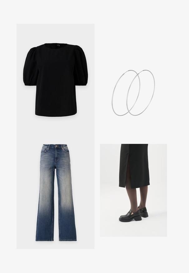 Czarna bluzka z okrągłym dekoltem i krótkimi bufkami. Tkanina jest gładka, bez widocznych wzorów czy akcentów.; Jeans o wysokim stanie, szerokie nogawki, w jasnym do ciemnego niebieskiego denimu z przetarciami, z zapięciem na guzik i szlufkami na pasek. Czysty dół i brak widocznych ozdób.; Czarne skórzane buty z okrągłym noskiem, grubym blokowym obcasem i elastycznymi akcentami po bokach, zestawione z ciemnymi rajstopami i czarną spódnicą z rozcięciem.; Srebrne kolczyki w formie obręczy o minimalistycznym designie. Okrągły kształt, gładka faktura i cienki profil. Lekkie, z polerowanym wykończeniem.