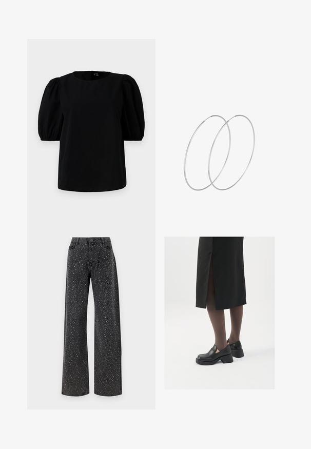 Czarna bluzka z okrągłym dekoltem i krótkimi bufkami. Tkanina jest gładka, bez widocznych wzorów czy akcentów.; Noisy May NMJANNEL czarny denim; Czarne skórzane buty z okrągłym noskiem, grubym blokowym obcasem i elastycznymi akcentami po bokach, zestawione z ciemnymi rajstopami i czarną spódnicą z rozcięciem.; Srebrne kolczyki w formie obręczy o minimalistycznym designie. Okrągły kształt, gładka faktura i cienki profil. Lekkie, z polerowanym wykończeniem.
