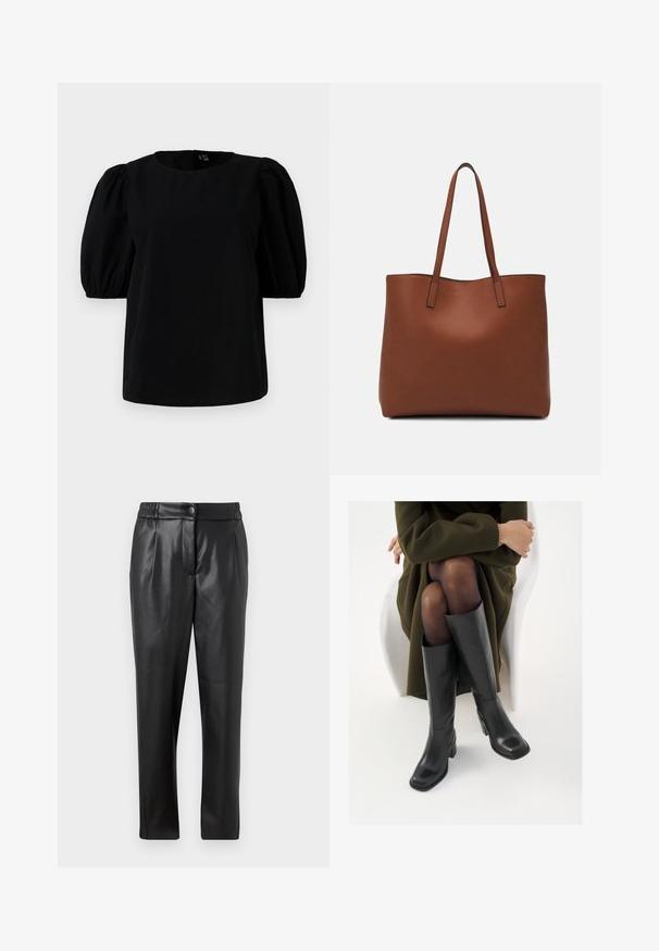 Melna blūze ar apaļu kakla izgriezumu un īsām pūkainām piedurknēm. Audums ir gluds, bez redzamām rakstām vai akcentiem.; Melni ādas bikses ar gludu tekstūru, taisnu piegriezumu, elastīgu jostasvietu un priekšējo pogu aizdari; ar krokām un sašaurinātām kājām.; Ceļgalu augstuma melni ādas zābaki ar kvadrātu purngalu un bloku papēdi, attēloti modelī, kurš sēž olīvu zaļā mētelī. Gluda tekstūra, minimāla apdare.; Brūna ādas iepirkumu soma ar gludu tekstūru, atvērta augšdaļa un divas plecu siksnas. Izceļas ar minimālām šuvēm un redzamu aparatūru nav.