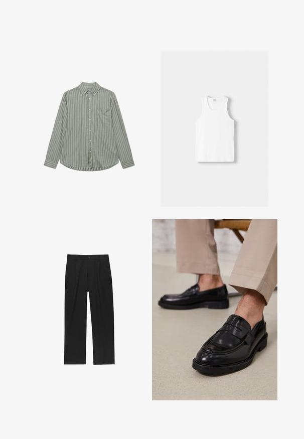 Camicia a maniche lunghe con bottoni di colore verde oliva, caratterizzata da strisce bianche verticali, colletto classico e taschino sul lato sinistro.; Canotta bianca in cotone con scollatura rotonda, spalline larghe e orlo dritto, caratterizzata da una superficie liscia e senza motivi visibili.; Pantaloni neri con un design a gamba dritta, realizzati in un tessuto liscio. Presentano pieghe frontali e una chiusura a un bottone in vita.; Mocassini in pelle nera con finitura liscia, dotati di una cintura decorativa e cuciture a contrasto, abbinati a pantaloni beige.