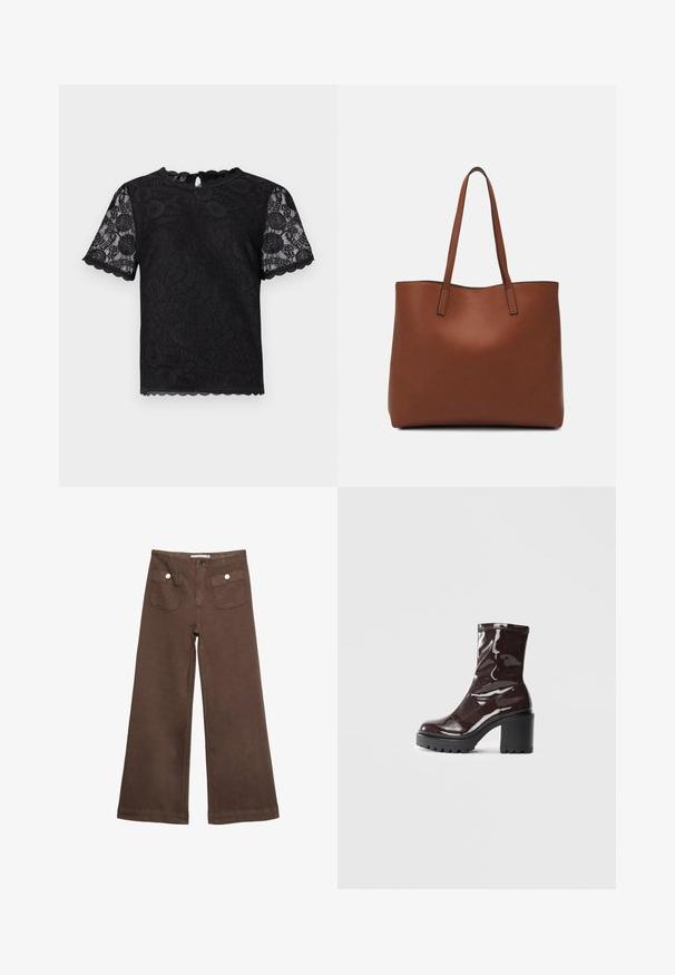 Černé krajkové tričko s krátkými rukávy, se květinovými vzory, vlnitými okraji a detaily ve tvaru klíčové dírky na zádech.; Hnědé široké kalhoty vyrobené z bavlny, s dvěma předními kapsami a stříbrnými knoflíky, s hladkou texturou.; Lesklá bordó kotníková bota s masivním černým podpatkem, se hladkým povrchem a jednoduchým designem. Žádné viditelné zapínání ani vzory.; Hnědá kožená taška přes rameno s hladkou texturou, otevřeným designem a dvěma ramenními popruhy. Obsahuje minimální švy a žádné viditelné kovové prvky.