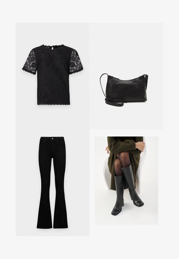 Črna čipkasta majica s kratkimi rokavi, ki ima cvetlične vzorce, valovite robove in podrobnost s ključavnico na hrbtu.; Črne visokotopne kavbojke z gumbom in zadrgo, sprednjimi žepi in razširjenimi hlačnicami, poleg bel background.; Črne usnjene čevlje do kolen s kvadratnim prstom in blok peto, prikazani na modelu, ki sedi v olivno zeleni plašču. Gladka tekstura, minimalne podrobnosti.; Črna usnjena torba čez ramo z gladko teksturo, ukrivljeno obliko, nastavljivim trakom in zadrgo. Minimalističen dizajn brez okrasnih detajlov.