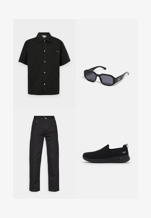 Melna īsām piedurknēm krekls no kokvilnas, ar pogājamu priekšpusi, vienu krūšu kabatu un mazu logotipa akcentu tuvu kabatā.; Melnasdenim bikses ar taisnu griezumu, kurām ir zaļi akcentu pogas un standarta piecu kabatu dizains. Gluda tekstūra, klasiskā stila.; Melnas slip-on kedas ar elpojošu acs augšdaļu, apaļu purngalu un mīkstu gumijas zoli. Uz sāna ir logotips.; Melni saulesbrilles ar astoņstūra rāmjiem, tumšiem objektīviem, spīdīgu plastmasas materiālu un sudraba logotipu akcentu vienā pusē.