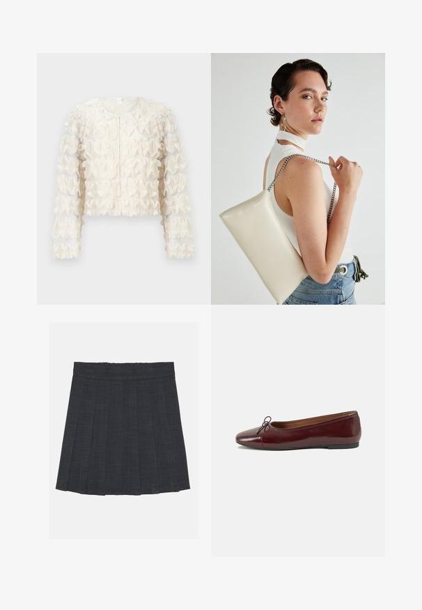 Ruffled white cropped jacket with sheer fabric, long sleeves, round neckline, and textured detailing throughout the body. Zipper closure in front.; Dark gray pleated skirt with an elastic waistband, featuring a textured fabric and a classic A-line silhouette. Suitable for casual wear.; Burgundy patent leather ballet flat with a rounded toe, small bow accent at the front, and a low, black rubber sole. Smooth texture.; White rectangular clutch bag made of glossy material, featuring a silver chain strap. Model poses, showcasing the bag against a plain background.