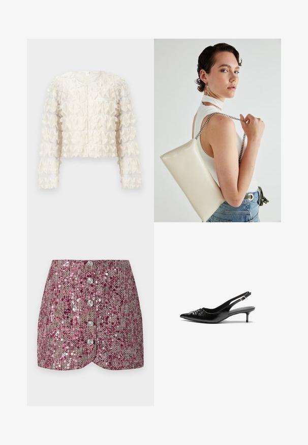 Rennottu valkoinen lyhyt takki, jossa on läpinäkyvää kangasta, pitkät hihat, pyöreä kaula-aukko ja teksturoidut yksityiskohdat ympäri kroppaa. Vetoketjusuljenta edessä.; Vaaleanpunainen paljettihame, jossa on teksturoitu kudos, ominaispiirteenä muotoiltu malli ja viisi hopeista nappia edessä. Muotoiltu helma ja kimaltavat yksityiskohdat.; Mustat nahkaiset slingback-korkokengät, joissa on terävä kärki, pieni kitten-korko ja koristeellinen solki edessä. Yksinkertainen pinta kauttaaltaan.; Valkoinen suorakulmainen clutch-laukku, joka on valmistettu kiiltävästä materiaalista ja jossa on hopeinen ketjuolkahihna. Malli poseeraa laukku käsivarsillaan yksinkertaista taustaa vasten.