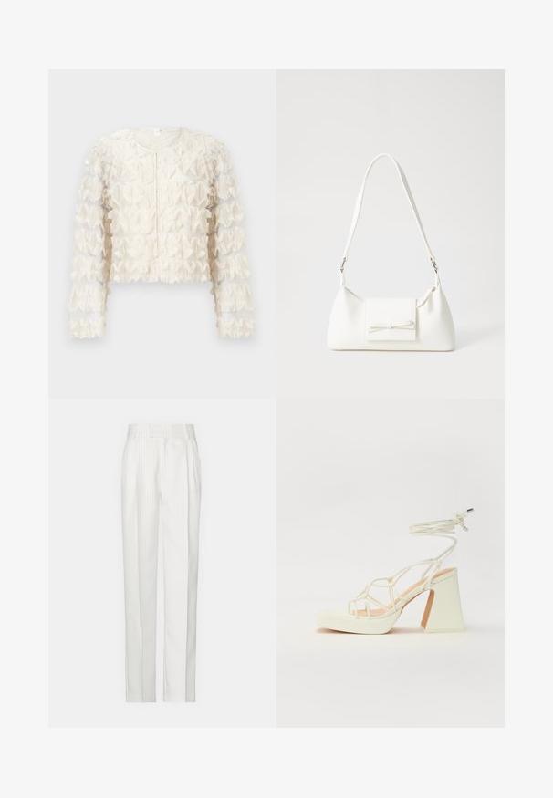 Nabrani bijeli skraćeni sako s prozirnom tkaninom, dugim rukavima, okruglim izrezom i teksturiranim detaljima po cijelom tijelu. Zatvaranje na munje sprijeda.; Bijele hlače s prugicama ravnog kroja, izrađene od laganog materijala. Imaju nabore sprijeda i tradicionalni pojas.; Bijela sandala na visokoj potpetici s debelim petom, s remenom i vezanjem oko gležnja. Glatka tekstura s platformom sprijeda za dodatnu visinu.; Bijela sintetička torbica s trokutastim oblikom, ravnim prednjim poklopcem i detaljem u obliku mašne, podesivom remenom, glatkom teksturom i minimalističkim dizajnom.