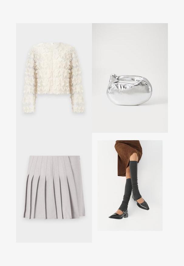 Nabrani bijeli skraćeni sako s prozirnom tkaninom, dugim rukavima, okruglim izrezom i teksturiranim detaljima po cijelom tijelu. Zatvaranje na munje sprijeda.; Siva plisirana suknja s glatkom teksturom, koja ima više okomitih nabora i usku liniju struka. Izrađena od lagane tkanine.; Crne lakirane cipele s šiljastim prstima, blok-petom i remenom oko gležnja, uparene s sivim rebrastim čarapama do koljena i smešnom suknjom od antilopa.; Srebrna metalik torbica s mekim, zaobljenim oblikom i čvorastim zatvaranjem na vrhu. Izrađena od glatke sintetičke kože.