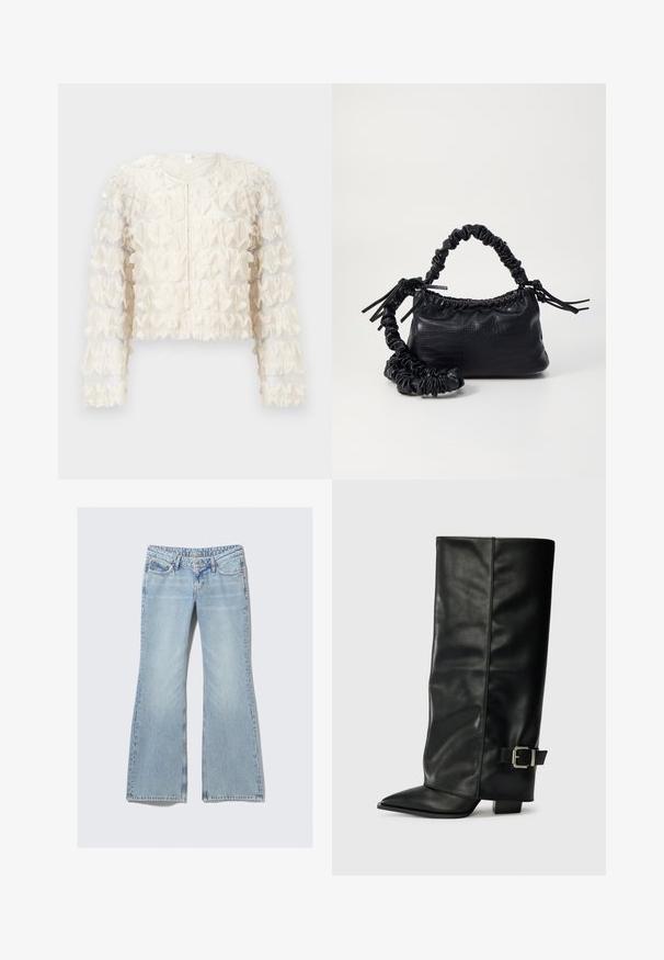 Ruffled white cropped jacket with sheer fabric, long sleeves, round neckline, and textured detailing throughout the body. Zipper closure in front.; Weekday NOVA - Slim fit jeans - lip blue; Black leather ankle-length boots with a pointed toe, smooth texture, and a silver buckle accent on the side. Chunky square heel.; Black faux leather handbag with a crocodile texture, cinched top, and a scrunched strap. Appears soft and compact in design.
